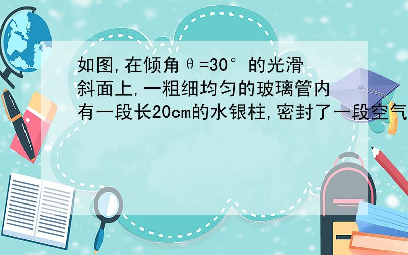 如图,在倾角θ=30°的光滑斜面上,一粗细均匀的玻璃管内有一段长20cm的水银柱,密封了一段空气柱,静止