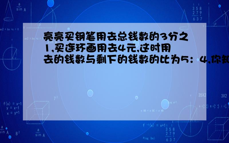 亮亮买钢笔用去总钱数的3分之1,买连环画用去4元,这时用去的钱数与剩下的钱数的比为5：4,你知道亮亮原来有多少钱吗?