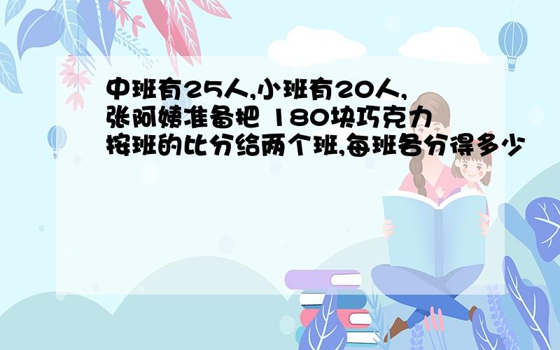 中班有25人,小班有20人,张阿姨准备把 180块巧克力按班的比分给两个班,每班各分得多少