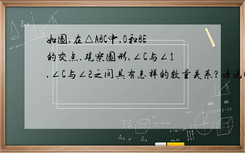 如图,在△ABC中,O和BE的交点.观察图形,∠C与∠1,∠C与∠2之间具有怎样的数量关系?请说明理由.