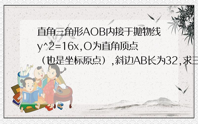 直角三角形AOB内接于抛物线y^2=16x,O为直角顶点（也是坐标原点）,斜边AB长为32,求三角形AOB三边所在直线方