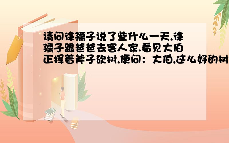 请问徐孺子说了些什么一天,徐孺子跟爸爸去客人家.看见大伯正挥着斧子砍树,便问：大伯,这么好的树,为什么要砍呀,大伯说：院