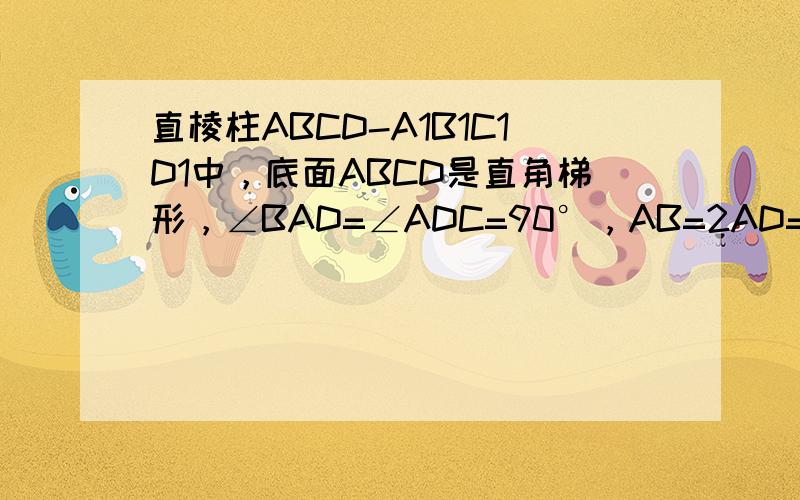 直棱柱ABCD-A1B1C1D1中，底面ABCD是直角梯形，∠BAD=∠ADC=90°，AB=2AD=2CD=2．