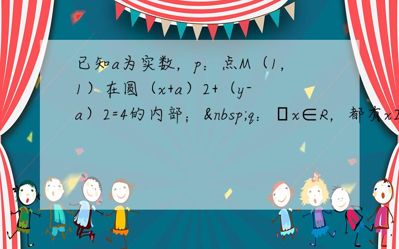 已知a为实数，p：点M（1，1）在圆（x+a）2+（y-a）2=4的内部； q：∀x∈R，都有x2+ax+1≥