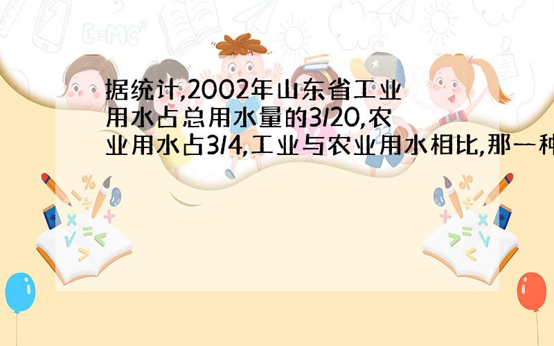 据统计,2002年山东省工业用水占总用水量的3/20,农业用水占3/4,工业与农业用水相比,那一种多?多多少?