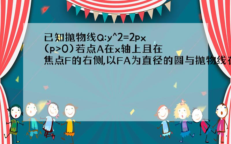 已知抛物线Q:y^2=2px(p>0)若点A在x轴上且在焦点F的右侧,以FA为直径的圆与抛物线在x轴上方交于不同的两点M