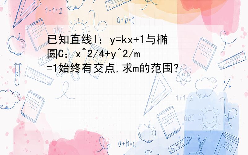 已知直线l：y=kx+1与椭圆C：x^2/4+y^2/m=1始终有交点,求m的范围?