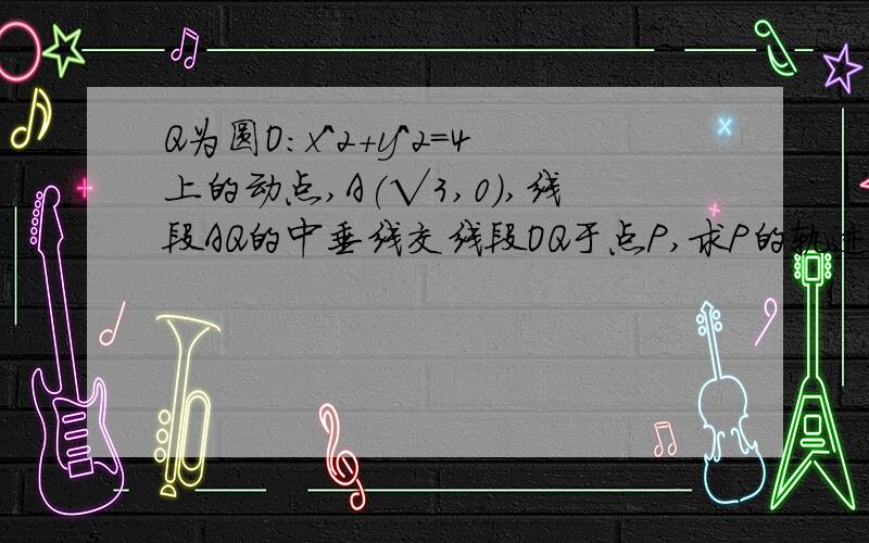 Q为圆O:x＾2＋y＾2＝4上的动点,A(√3,0),线段AQ的中垂线交线段OQ于点P,求P的轨迹方程.