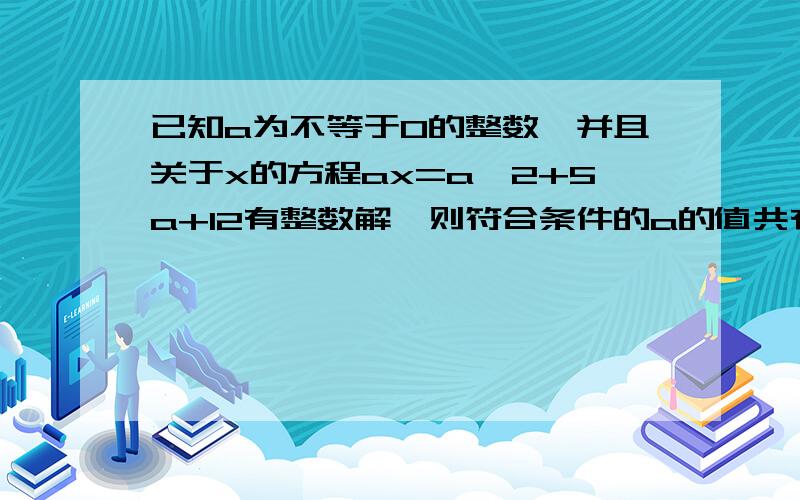 已知a为不等于0的整数,并且关于x的方程ax=a^2+5a+12有整数解,则符合条件的a的值共有几个?