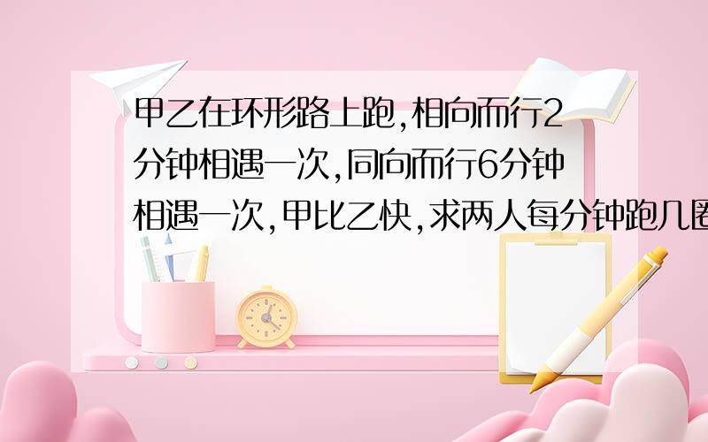 甲乙在环形路上跑,相向而行2分钟相遇一次,同向而行6分钟相遇一次,甲比乙快,求两人每分钟跑几圈?