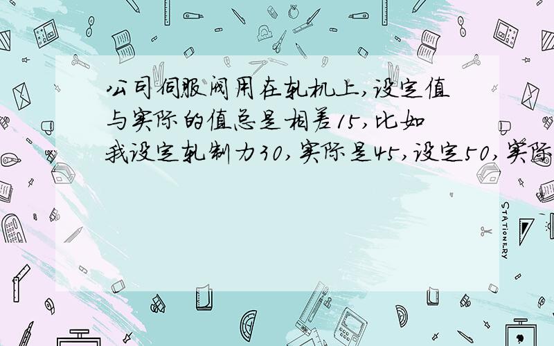 公司伺服阀用在轧机上,设定值与实际的值总是相差15,比如我设定轧制力30,实际是45,设定50,实际65,这是怎么回事,