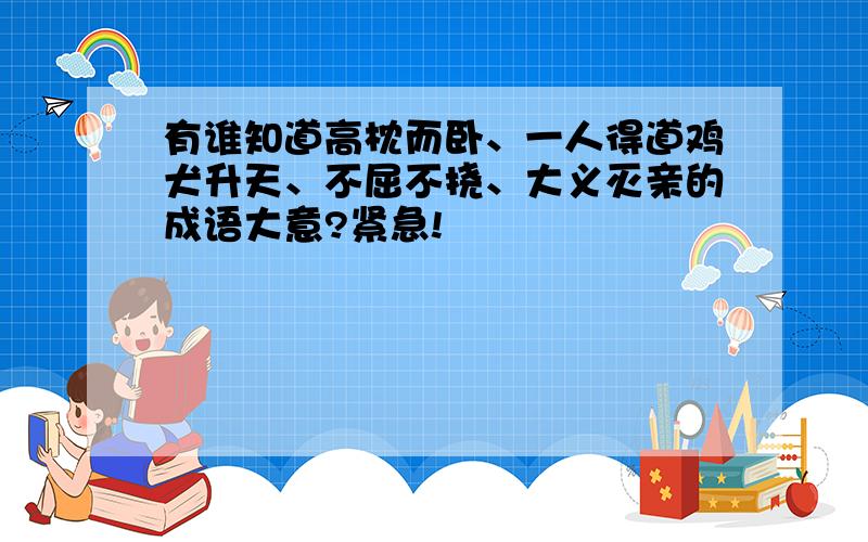 有谁知道高枕而卧、一人得道鸡犬升天、不屈不挠、大义灭亲的成语大意?紧急!