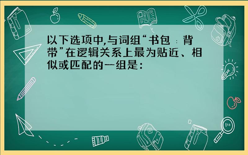 以下选项中,与词组“书包∶背带”在逻辑关系上最为贴近、相似或匹配的一组是：