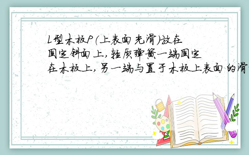 L型木板P（上表面光滑）放在固定斜面上,轻质弹簧一端固定在木板上,另一端与置于木板上表面的滑块Q相连,如图所示.若P、Q