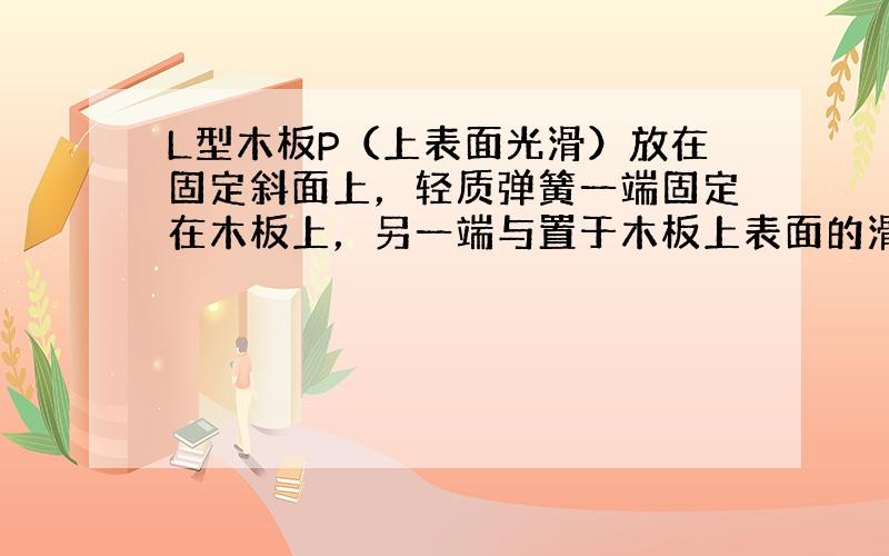 L型木板P（上表面光滑）放在固定斜面上，轻质弹簧一端固定在木板上，另一端与置于木板上表面的滑块Q相连，如图所示.若P、Q