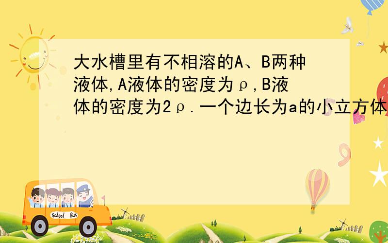 大水槽里有不相溶的A、B两种液体,A液体的密度为ρ,B液体的密度为2ρ.一个边长为a的小立方体物块,一半