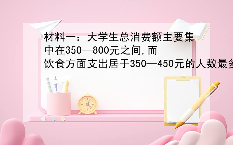 材料一：大学生总消费额主要集中在350—800元之间,而饮食方面支出居于350—450元的人数最多,“吃饭消费”占消费的