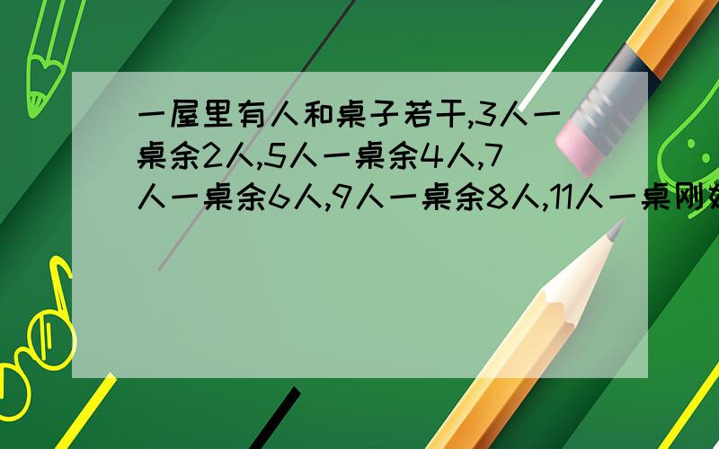 一屋里有人和桌子若干,3人一桌余2人,5人一桌余4人,7人一桌余6人,9人一桌余8人,11人一桌刚好,试问...