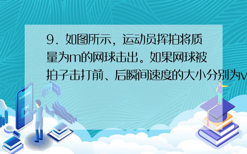 9．如图所示，运动员挥拍将质量为m的网球击出。如果网球被拍子击打前、后瞬间速度的大小分别为v1、v2，v1与v2方向相反