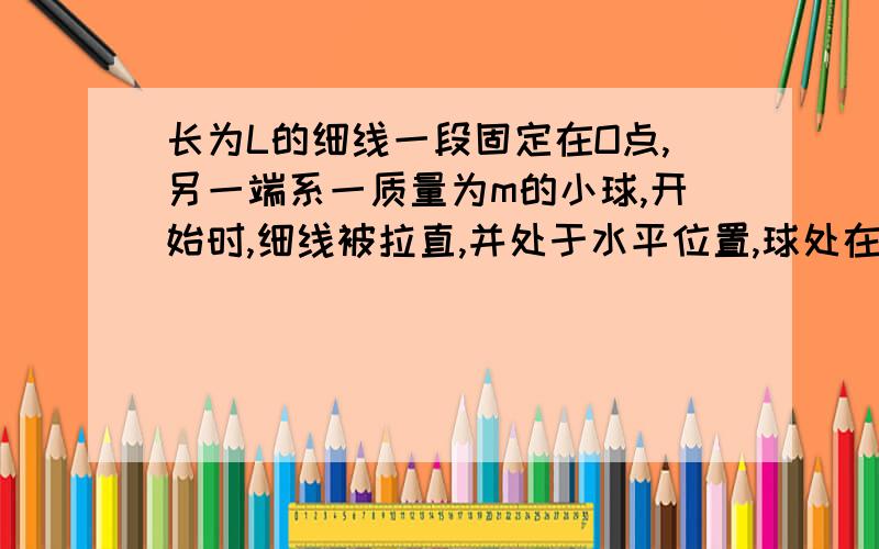 长为L的细线一段固定在O点,另一端系一质量为m的小球,开始时,细线被拉直,并处于水平位置,球处在O点等高的A位置,现将球