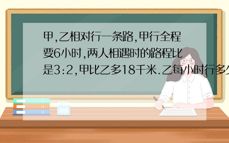 甲,乙相对行一条路,甲行全程要6小时,两人相遇时的路程比是3:2,甲比乙多18千米.乙每小时行多少千米?