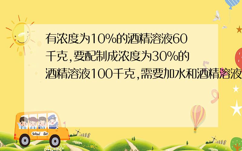 有浓度为10%的酒精溶液60千克,要配制成浓度为30%的酒精溶液100千克,需要加水和酒精溶液100千克,需要……