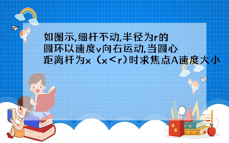 如图示,细杆不动,半径为r的圆环以速度v向右运动,当圆心距离杆为x（x＜r)时求焦点A速度大小