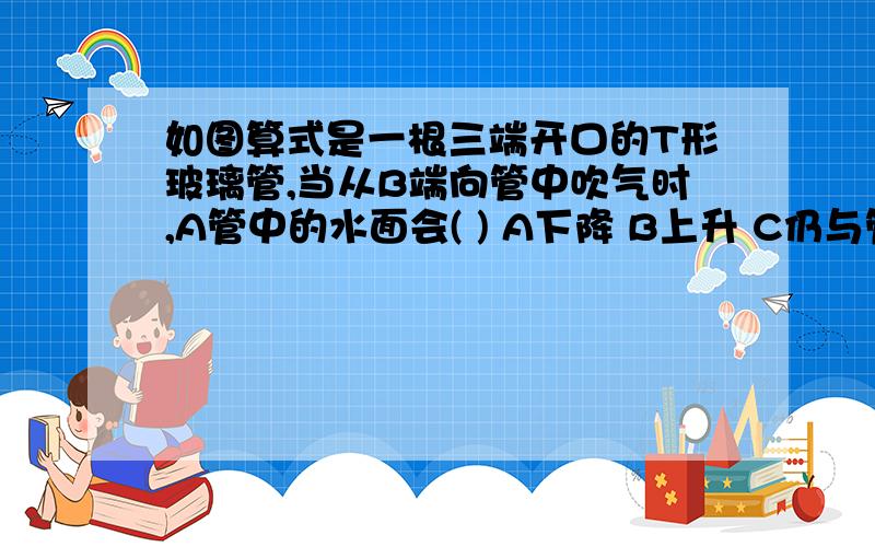 如图算式是一根三端开口的T形玻璃管,当从B端向管中吹气时,A管中的水面会( ) A下降 B上升 C仍与管外水面相