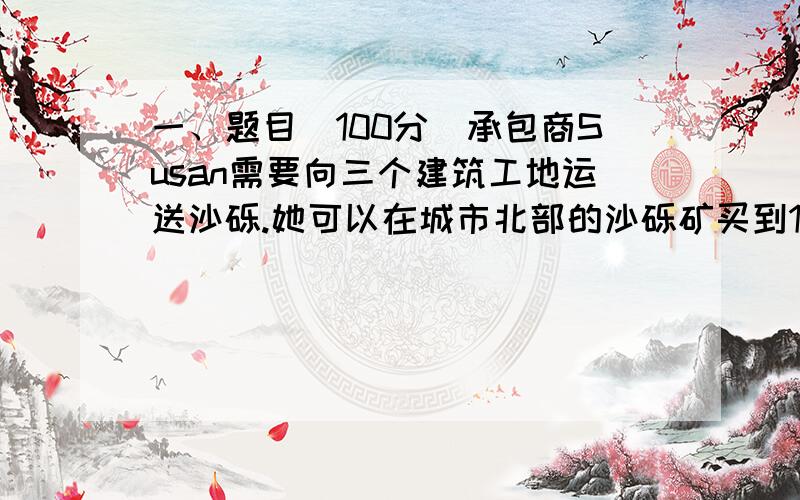 一、题目（100分）承包商Susan需要向三个建筑工地运送沙砾.她可以在城市北部的沙砾矿买到18吨沙砾,在城市南部的沙砾