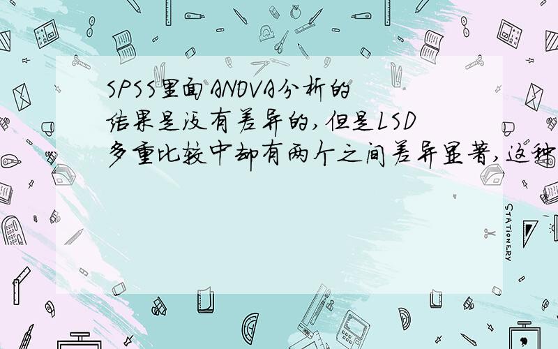 SPSS里面ANOVA分析的结果是没有差异的,但是LSD多重比较中却有两个之间差异显著,这种情况可以出现