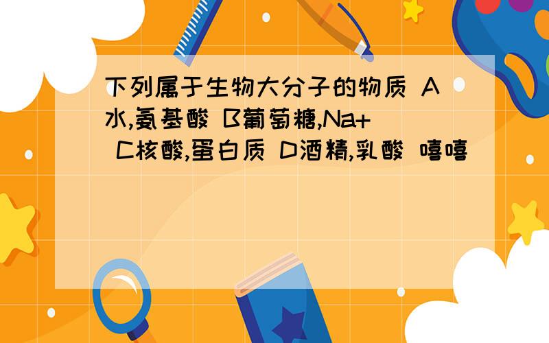 下列属于生物大分子的物质 A水,氨基酸 B葡萄糖,Na+ C核酸,蛋白质 D酒精,乳酸 嘻嘻