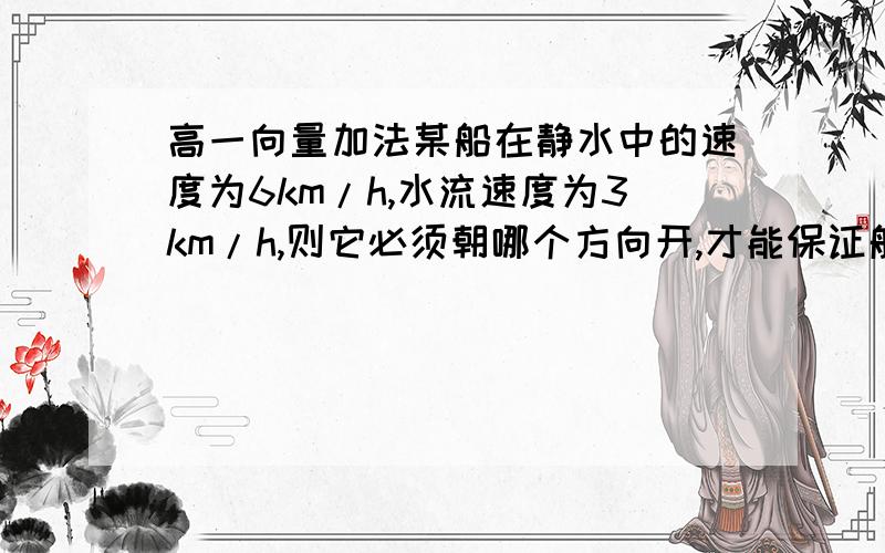 高一向量加法某船在静水中的速度为6km/h,水流速度为3km/h,则它必须朝哪个方向开,才能保证船沿与水流垂直的方向前进