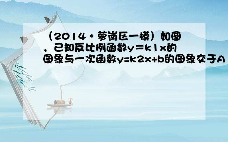 （2014•萝岗区一模）如图，已知反比例函数y＝k1x的图象与一次函数y=k2x+b的图象交于A（2，1），B（-1，n