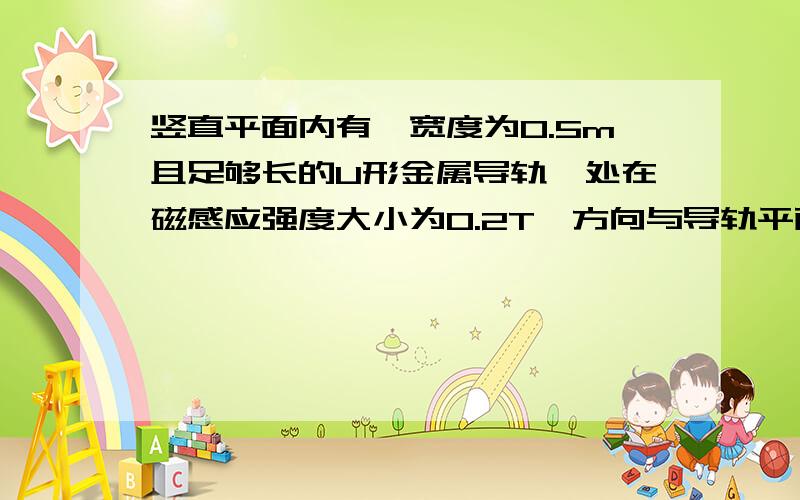 竖直平面内有一宽度为0.5m且足够长的U形金属导轨,处在磁感应强度大小为0.2T、方向与导轨平面垂直的匀强磁场中,导体棒