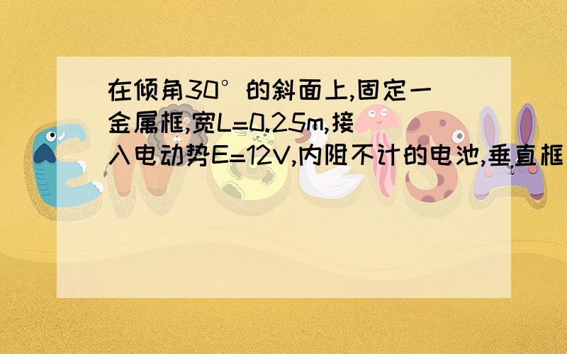 在倾角30°的斜面上,固定一金属框,宽L=0.25m,接入电动势E=12V,内阻不计的电池,垂直框面放有一根质量m=0.