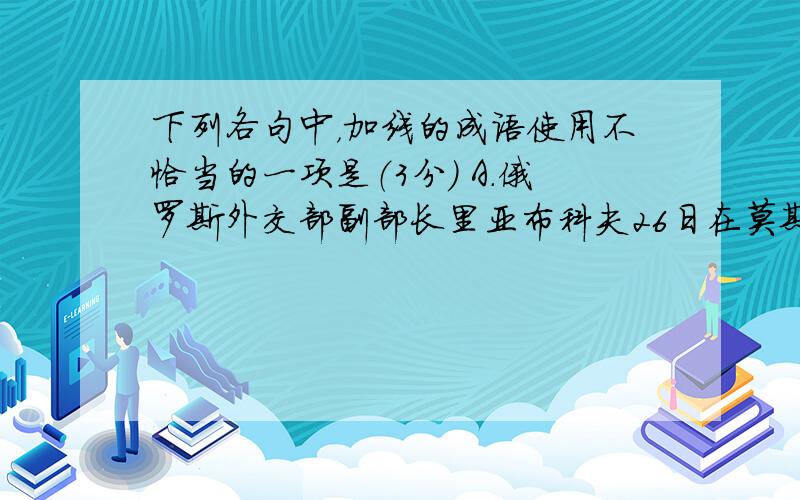 下列各句中，加线的成语使用不恰当的一项是（3分） A．俄罗斯外交部副部长里亚布科夫26日在莫斯科表示，设立禁飞区不适用于