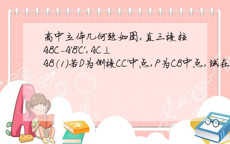 高中立体几何题如图,直三棱柱ABC-A'B'C',AC⊥AB（1）若D为侧棱CC'中点,P为CB中点,试在侧棱AA'上确