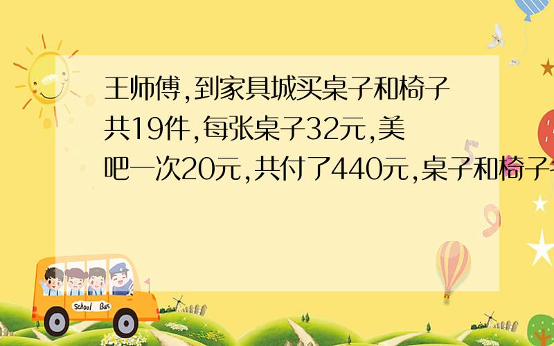 王师傅,到家具城买桌子和椅子共19件,每张桌子32元,美吧一次20元,共付了440元,桌子和椅子各买了多少件?