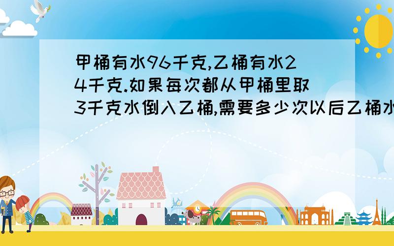 甲桶有水96千克,乙桶有水24千克.如果每次都从甲桶里取3千克水倒入乙桶,需要多少次以后乙桶水的重量是甲桶水的150%