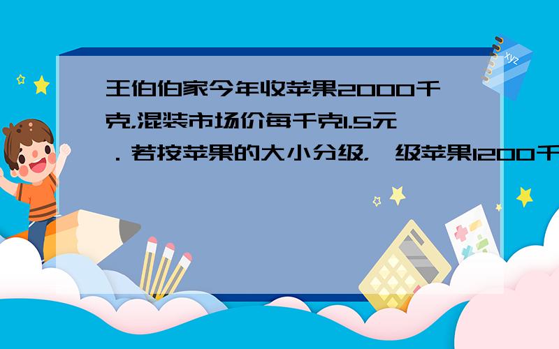 王伯伯家今年收苹果2000千克，混装市场价每千克1.5元．若按苹果的大小分级，一级苹果1200千克，市场价每千克1.8元