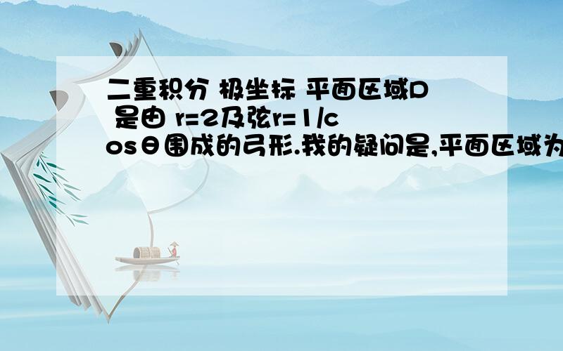 二重积分 极坐标 平面区域D 是由 r=2及弦r=1/cosθ围成的弓形.我的疑问是,平面区域为一个弓形,那么在极坐标中