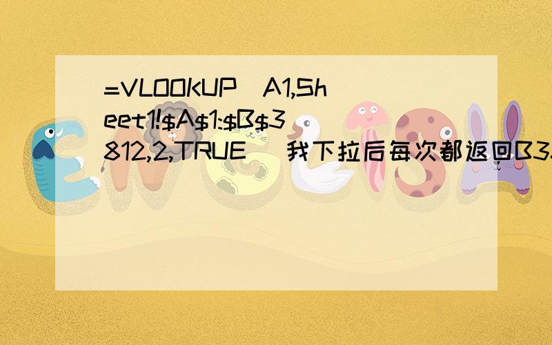 =VLOOKUP(A1,Sheet1!$A$1:$B$3812,2,TRUE) 我下拉后每次都返回B3812这个值语法应