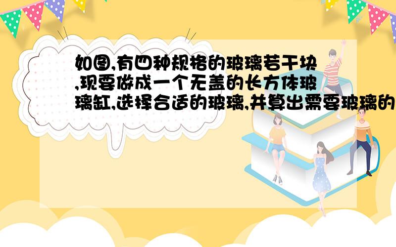 如图,有四种规格的玻璃若干块,现要做成一个无盖的长方体玻璃缸,选择合适的玻璃,并算出需要玻璃的总面积