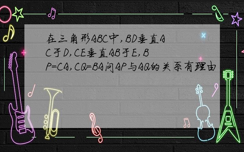 在三角形ABC中,BD垂直AC于D,CE垂直AB于E,BP=CA,CQ=BA问AP与AQ的关系有理由