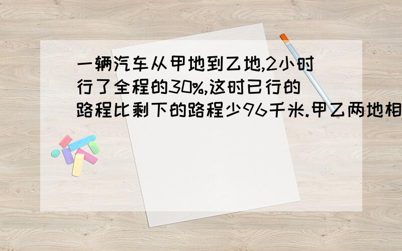 一辆汽车从甲地到乙地,2小时行了全程的30%,这时已行的路程比剩下的路程少96千米.甲乙两地相距多少千米