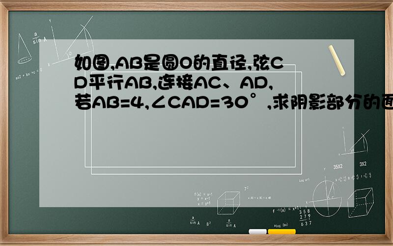 如图,AB是圆O的直径,弦CD平行AB,连接AC、AD,若AB=4,∠CAD=30°,求阴影部分的面积.