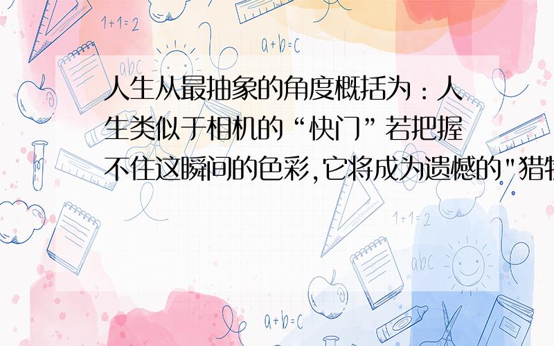 人生从最抽象的角度概括为：人生类似于相机的“快门”若把握不住这瞬间的色彩,它将成为遗憾的