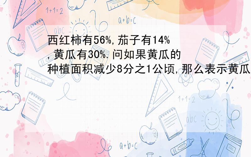 西红柿有56%,茄子有14%,黄瓜有30%.问如果黄瓜的种植面积减少8分之1公顷,那么表示黄瓜种植面积的圆心角是（ ）度