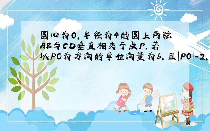 圆心为O,半径为4的圆上两弦AB与CD垂直相交于点P,若以PO为方向的单位向量为b,且|PO|=2,则 =