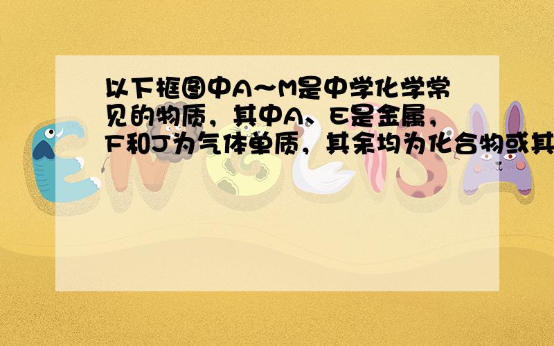 以下框图中A～M是中学化学常见的物质，其中A、E是金属，F和J为气体单质，其余均为化合物或其溶液，C为淡黄色固体，D为红